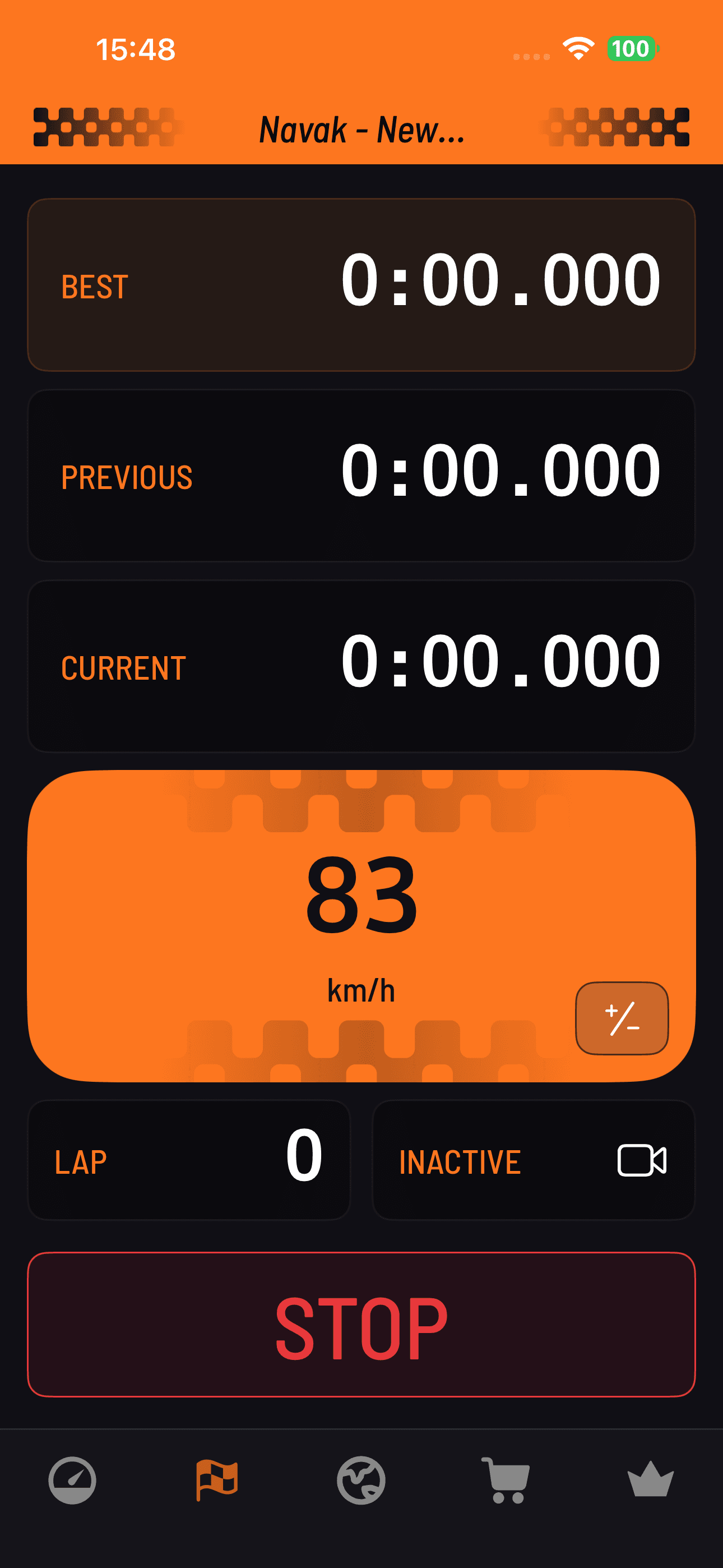 Lap timer — track detected, GPS signal, lap counter